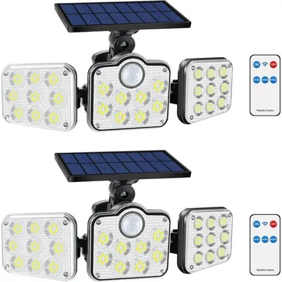 Produktbild von 2er-Pack Solar-Flutlichtstrahler mit 138 LEDs (2200 lm) inklusive Fernbedienung, IP65 wasserdicht, 3 verstellbare Strahlerköpfe, 270°-Weitwinkel, kabellose Sicherheitsbeleuchtung für Garage, Terrasse, Veranda und Garten
