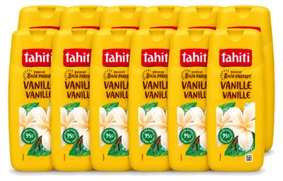 Imagen del producto de 12 unidades de gel de ducha Tahiti, aroma a vainilla, 315 ml cada uno. Paquete económico