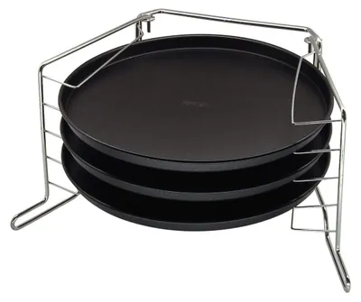 Productafbeelding van Pizzaplaat pizzapan pizzaset - 3 pannen van Ø 29 cm - Met houder voor 5 pizza's - Zwart