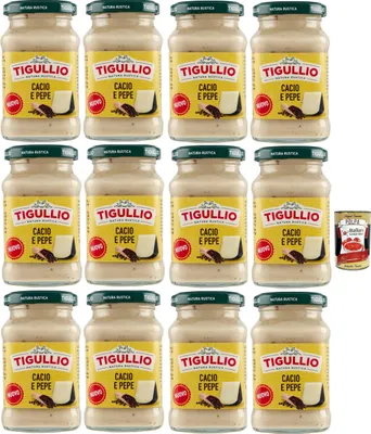 Produktbild von Star Tigullio sugo Cacio und Pepe -Sauce mit Pecorino Romano Dop creme. Glutenfrei, 12x 185g + Italian Gourmet polpa 400g