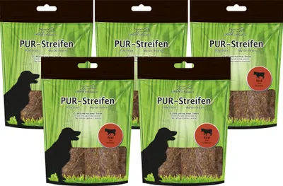 Produktbild von 5x100g Schecker PUR Streifen Rind - Kausnack für Hunde von einer Tierart - getreidefrei