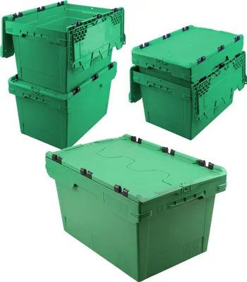 Produktbild von Set, 5x Mehrwegbehälter mit Klappdeckel, grün, verplompbar, LxBxH 600 x 400 x 350 mm, 58 Liter