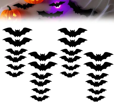 Productafbeelding van 24 stuks Halloween-decoratie, vleermuizen, 3D-vleermuisdecoratie met LED, wandstickers voor Halloween, decoratieve stickers voor Halloweenfeestjes, Halloween-decoratie voor binnen en buiten, 24 stuks