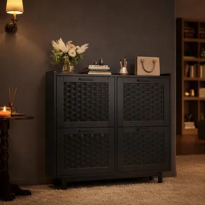 Immagine prodotto di Armadio per scarpe UnboxG, 100 x 24 cm, nero, stretto, con 4 ante a battente, ripiani interni removibili e sistema di sicurezza anti-ribaltamento, aspetto rattan