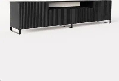 A black TV cabinet with a ribbed front and a central open shelf, shown against a white background.