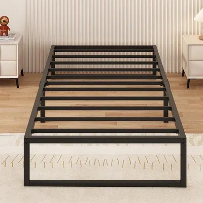 Image de Lit simple en métal Unyqoos® 90 x 200 cm – Noir, structure en acier minimaliste avec espace de rangement, construction robuste et sommier à lattes en acier, fonctionnement silencieux