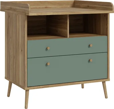 A changing table dresser with two drawers and open shelves above, set against a white background.