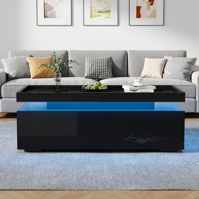 Obrázok produktu pre Konferenčný stolík, 95 x 45 x 35 cm, 100% drevotrieska, čierna farba, s LED osvetlením, 2 zásuvky a polootvorená odkladacia plocha