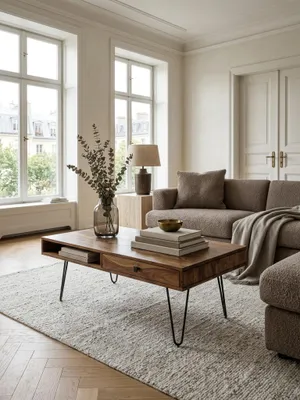 Produktbild von Couchtisch BAGLI Massiv-Holz Sheesham 110 cm breit Wohnzimmer-Tisch Design Metallbeine Landhaus-Stil Beistelltisch