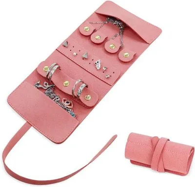Produktbild von Famanu Schmuckrolle für Damen - kompakte, faltbare Reise-Schmuckorganizer, rosa