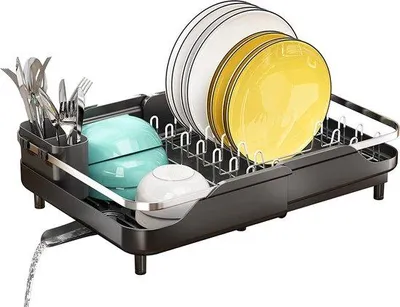 Immagine prodotto di Portaoggetti in acciaio inossidabile e plastica PP, espandibile, per stoviglie, con scarico a 360°, contenitore per posate e bicchieri, colore nero