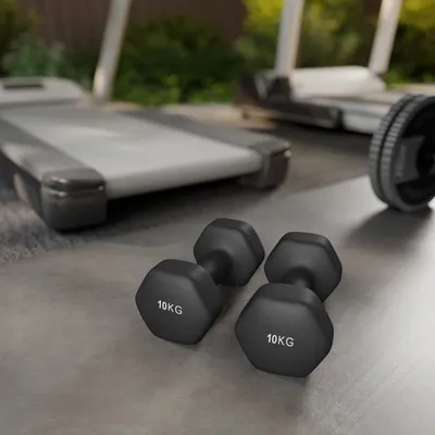 Dumbbells and treadmills in an outdoor gym setting.