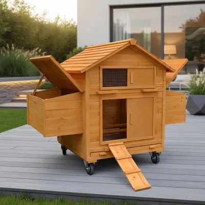 A wooden chicken coop with nesting boxes and a ramp is shown on a grey deck, with a modern house and garden in the background.