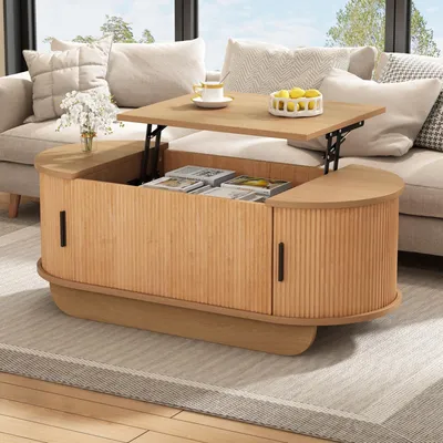 Productafbeelding van Merax verstelbare salontafel met 2 schuifdeuren, ovale salontafel voor de woonkamer met hydraulische hefmechanisme, salontafel met opbergruimte, naturel