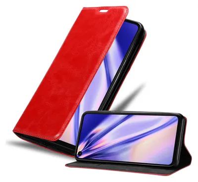 A red flip case for a smartphone is shown, with the phone inside and the case open.