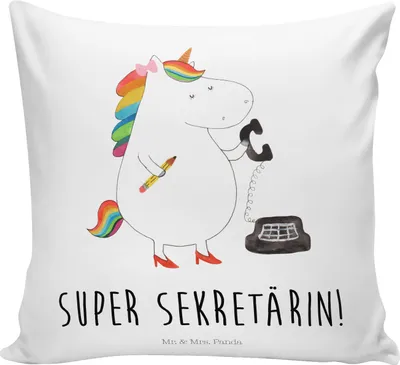 Produktbild von Mr. & Mrs. Panda Dekokissen Einhorn Sekretärin - Weiß - Geschenk, Unicorn, Sofa Kissen, Einhörner, Zierkissen, Büro, Sofakissen, Rechtsanwältin, Deko, kuschelkissen 40x40