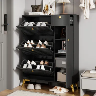 Produktbild von Flieks Schuhschrank mit 3 Klappen, Schuhkommode 90x25x121 cm, Schuhkipper schmal mit 1 Schublade und 1 Tür, schwarz