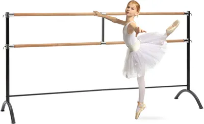 Produktbild von Klarfit Ballettstange, Freistehende Ballettstange für Zuhause, Barre, Tanzstange für Ballet, Bewegungstraining & Stretching, Balletstange Mobil, Stahlrohre mit Holzoptik, 2x38 mm Ø, 220x113cm, Schwarz