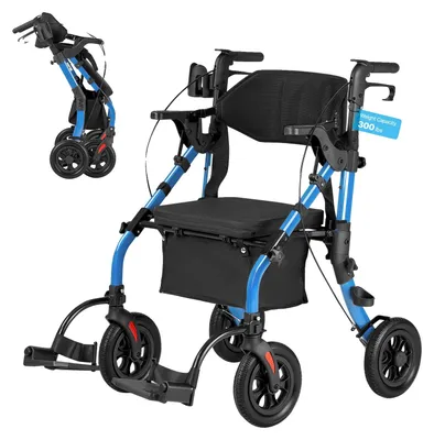 Produktbild von VEVOR 2 in 1 Rollator und Transportstuhl für Senioren, faltbarer Rollator Rollstuhl-Kombination mit Fußstützen, leichter Aluminium-Mobilitätsrollator mit verstellbarem Griff, All-Terrain-Räder, 136 kg, Blau-a