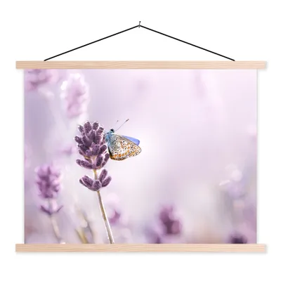 Produktbild von MuchoWow® Textilposter Lavendel - Schmetterling - Nahaufnahme - Lila 60x45 cm mit holzfarbenen Rahmen - Bild