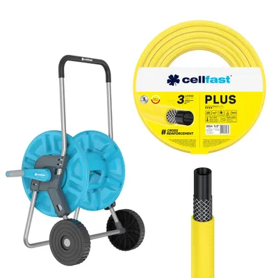 Zdjęcie produktu dla Wózek na wąż Cellfast Aluplus 1/2", 60 m + wąż ogrodowy Cellfast Plus 1/2", 50 m