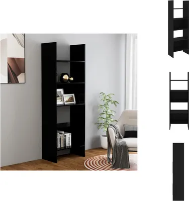 A black bookshelf is shown in a room with a chair and a plant.