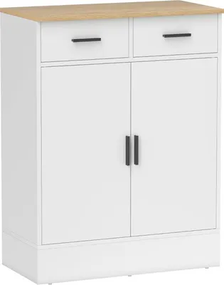 Image de Buffet blanc en bois naturel avec 2 tiroirs et une étagère réglable, pour la cuisine, le salon ou l'entrée