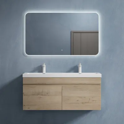 Produktbild von doporro Badmöbel-Set Eiche Greige Waschbecken-Unterschrank Badezimmerschrank Mineralguss Waschplatz 120x48x55cm inkl. Waschbecken Wandmontage und LED-Badspiegel Botanica