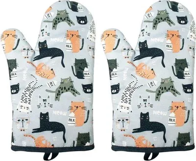 Produktbild von Unyqoos® Ofenhandschuhe 1 Paar – Anti‑Verbrennungs‑Ofenhandschuhe aus Polyester, hitzebeständig & rutschfest, mit Katzenmotiv, waschbar für Ofen, Grill und Küche