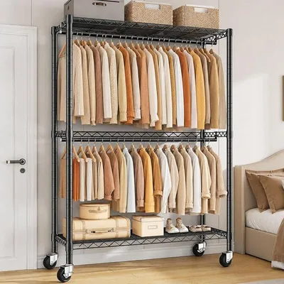 Imagen del producto de Percha ajustable en altura sobre ruedas, con 2 barras para colgar ropa