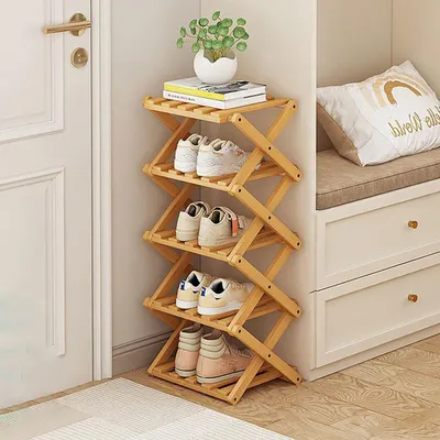 Image de Étagère verticale pour chaussures, 5 niveaux, en bambou, pliable, autoportante, dimensions : 27 x 26 x 75 cm