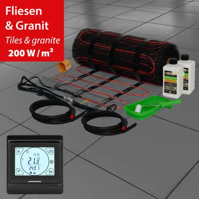 Produktbild von Elektrische Fußbodenheizung Dünnbettheizmatte 200Watt Komplett Set Thermostat Fliesen 15,0m²