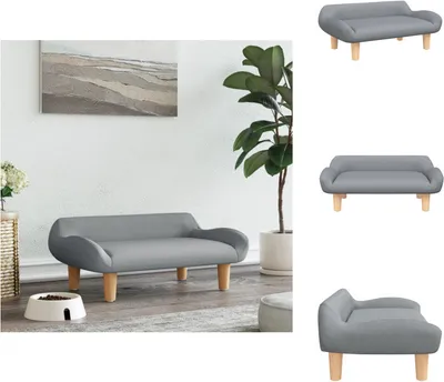 A collage of images showing a grey dog bed from different angles, with one image showing it in a room setting with a plant and artwork.