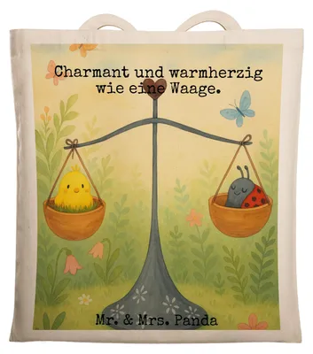 Produktbild von Mr. & Mrs. Panda Tote Bag Sternzeichen Waage Design - Weiß - Geschenk, Tasche, dokumententasche, Laptoptasche, Gleichgewicht, Jutebeutel, Marienkäfer, Shopping, Biene