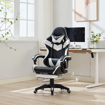 Zdjęcie produktu dla Krzesło biurowe – ergonomiczne krzesło do gier z możliwością obrotu o 360 stopni, podnóżkiem i podparciem lędźwiowym
