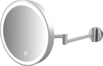A silver LED wall-mounted cosmetic mirror with an adjustable arm is shown against a white background.