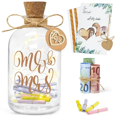 Produktbild von Beleuchtete Hochzeitsflasche, Geschenkverpackung für Hochzeitsgeld mit Hochzeitskarte, Geldgeschenke zur Hochzeit für das Brautpaar, personalisiertes Sparschwein für Frischvermählte (liebevoll)