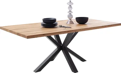 Produktbild von Massivholz-Esstisch 220x100 cm in Wildeiche massiv geölt mit Spider-Gestell und gerader Kante - DEWEY-06