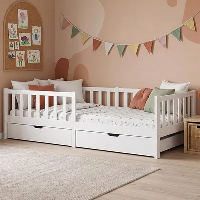 Imagen del producto de Cuna de madera maciza de pino, 90x200 cm, con 2 cajones, color blanco