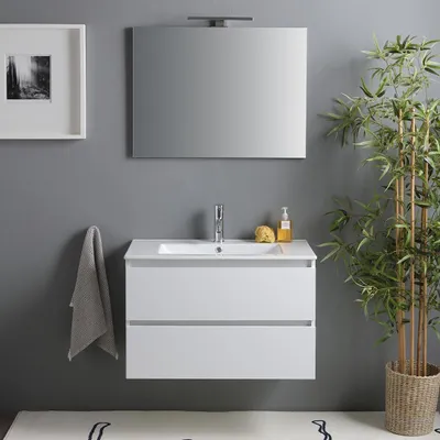Immagine prodotto di Mobile bagno sospeso bianco lucido 80cm 2 cassetti, specchio con lampada | Benaco