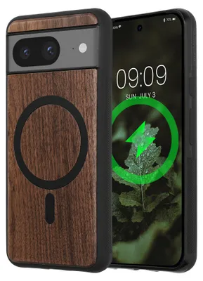 Produktbild von kwmobile Hülle für Google Pixel 8 Handyhülle - Cover aus Holz und TPU - Kompatibel mit MagSafe - Case in Dunkelbraun Holz