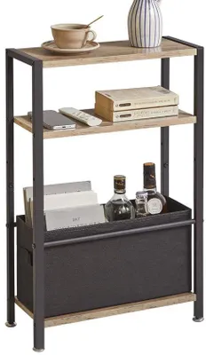 Produktbild von Unyqoos® Schmaler Beistelltisch mit Stauraum – MDF & schwarz lackiertes Metall, Oxford‑Stoffkorb, Retro‑Holzoptik, platzsparend, belastbar bis 200 Pfund