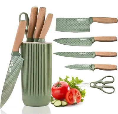 Immagine prodotto di Set di coltelli da cucina da 6 pezzi con base porta coltelli verde, acciaio inossidabile antiaderente, antiscivolo