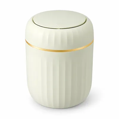Produktbild von Tischmülleimer mit Deckel – Mini Mülleimer mit Druckdeckel für Schreibtisch, Bad & Schminktisch, 16,5 cm, Kunststoff mit Goldring – Grün
