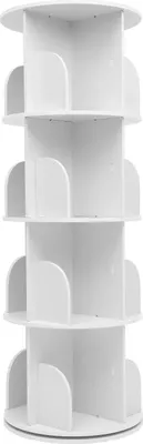 Obrázok produktu pre Otočná knižnica – stojaca knižnica so 4 policami – otočná o 360° – 16 priehradiek – 40 x 115,5 cm – PVC imitácia dreva – nosnosť 60 kg – biela