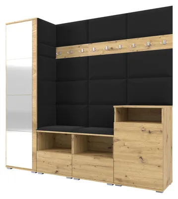Obrázek produktu pro Šatní skříň NELA X 200 cm – modulární nábytek do předsíně Artisan v dubovém provedení se zrcadlem a černým sedákem 16 (skříň + příborník)