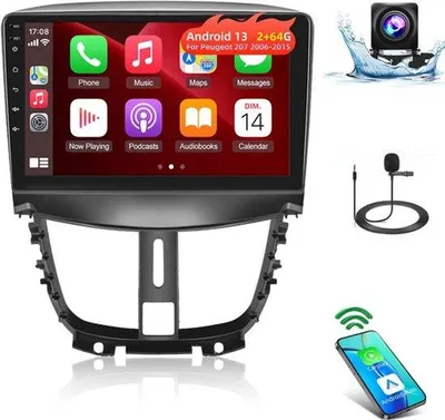 Obrázek produktu pro [2+64G] Android 13 autorádio pro Peugeot 207 (2006-2015) s bezdrátovým Carplay a Android Auto, 9palcové dotykové autorádio s Wi-Fi, GPS, funkcí Mirror Link, DSP, FM/RDS rádiem a ovládáním na volantu (SWC), včetně kamery pro couvání (AHD)