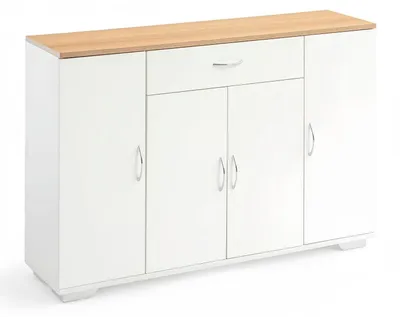 Image de Meuble de rangement buffet avec étagères réglables, couleur naturelle et blanche, dimensions 110x30x70 cm