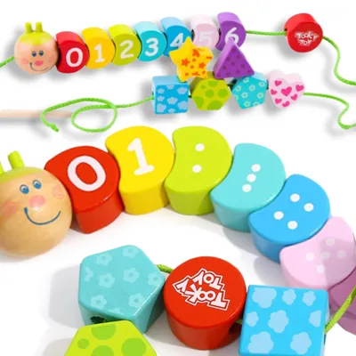 Produktbild von Tooky Toy Holz-Fädelblöcke, Raupe, zum Lernen, Zählen, 20 Stück.