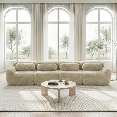 Produktbild von MODFU 4-Sitzer Ecksofa,Modulares Sofa mit Geschwungene,ohhne Ottoman,Relaxsofa mit Rutschfester Boden & Kissen,Plüschstoff,Hellkhaki